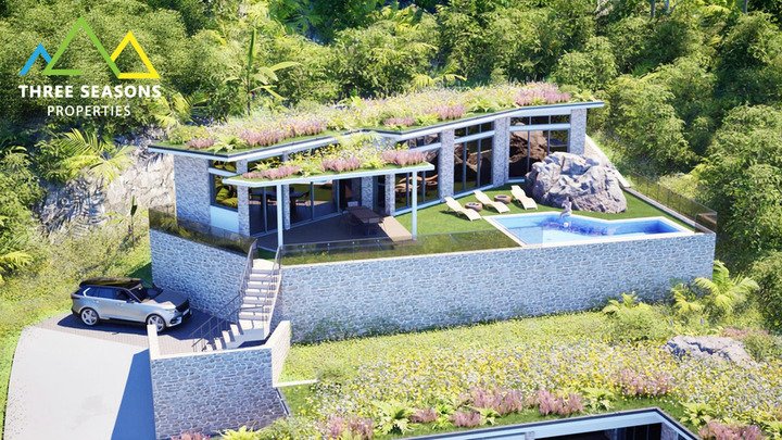 Architectural detail of contemporary tropical villa with Samui stone facade