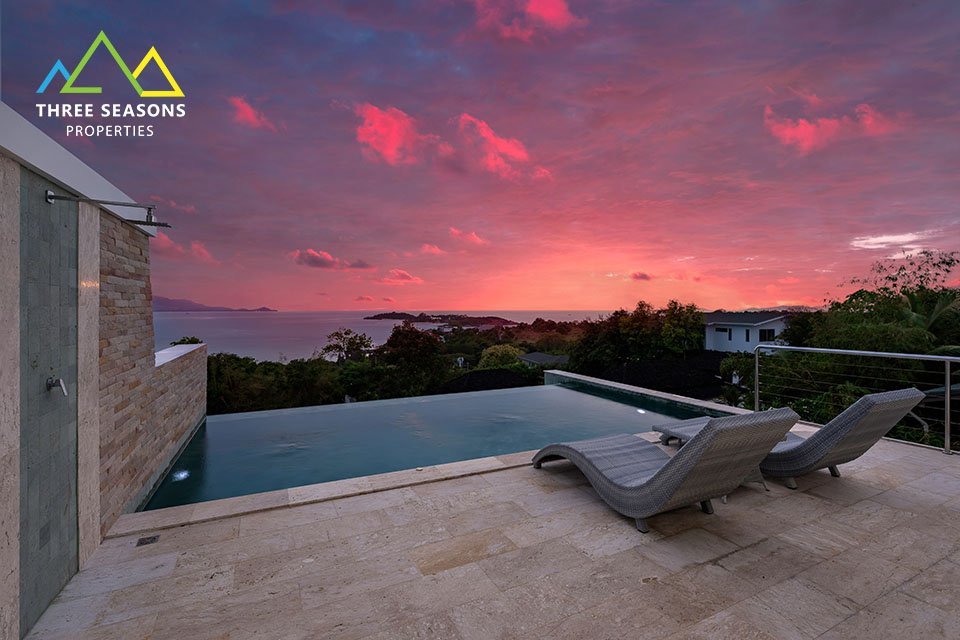 Modern pool villa terrace at sunset in Bophut, Koh Samui — short-term holiday rental property generating 6-8% gross yield